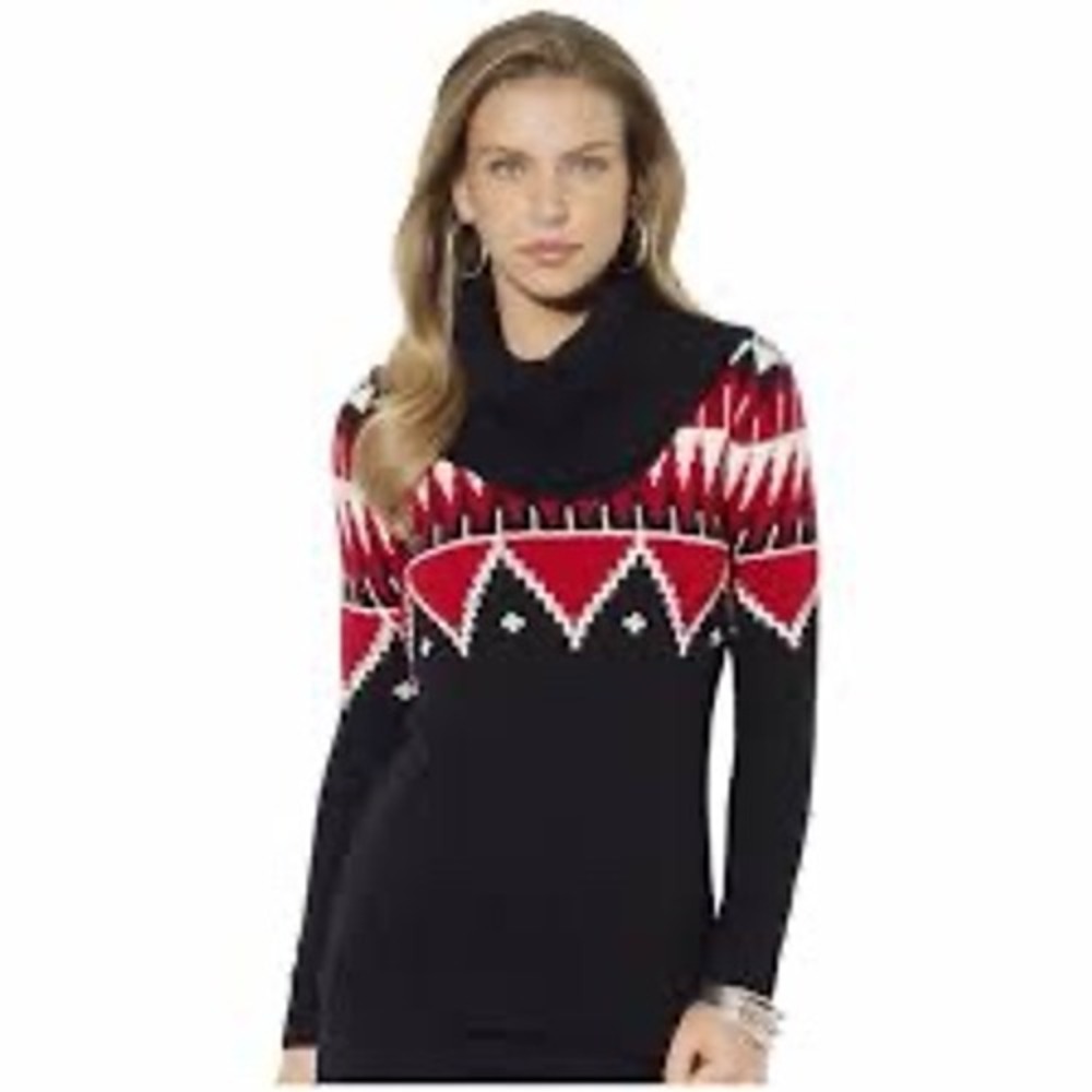Lauren Ralph Lauren Fair Isle Cowl Neck Sweater Black Red Wool Blend Small